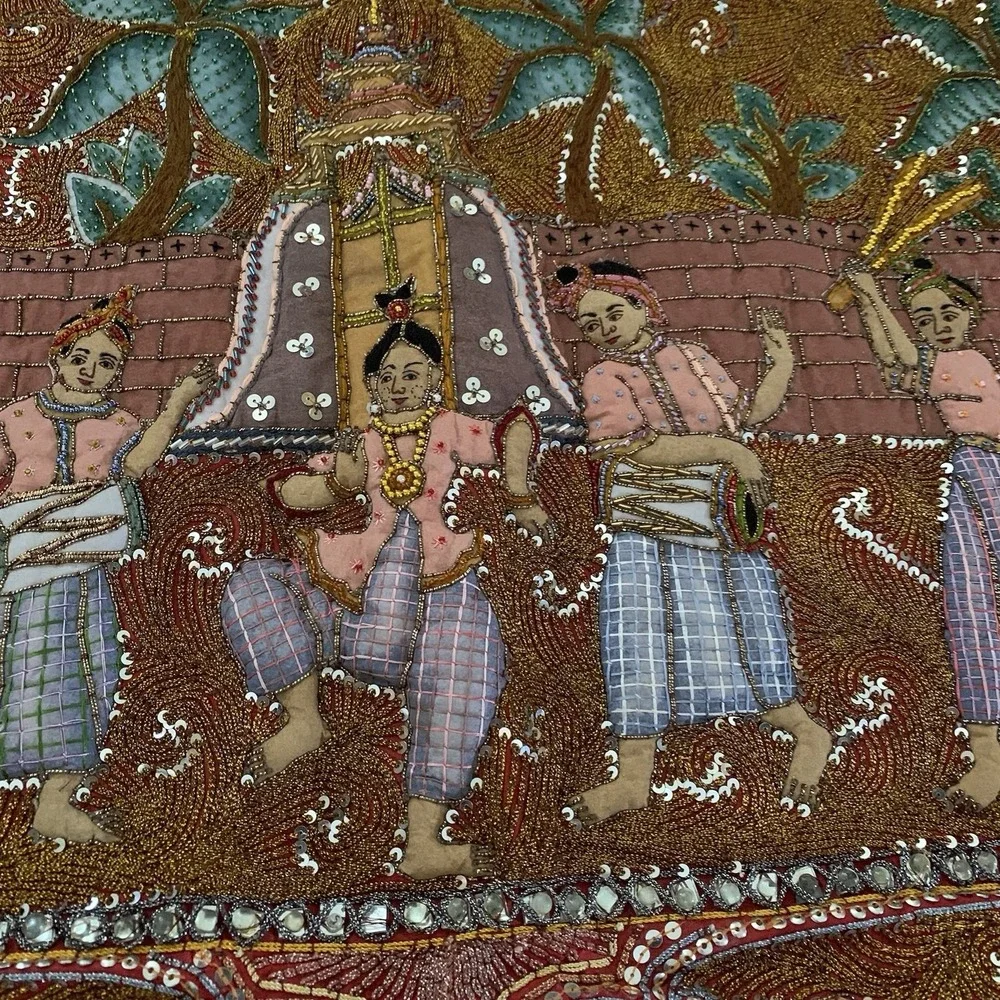 Vtg Thai Burmese Kalaga Elephant Tapestry Embroidered Hand Made Beads Large